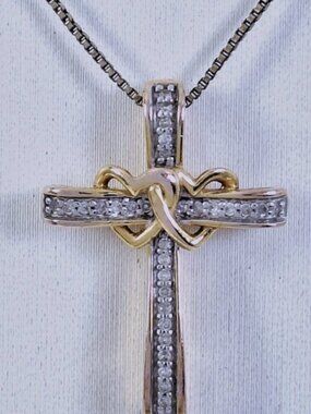 Gold Over 925 Sterling & Diamond Encrusted Sunstone Import Cross w 18" Chain